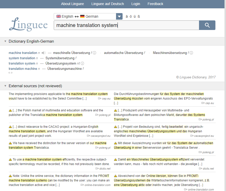 Linguee screenshot - Select English